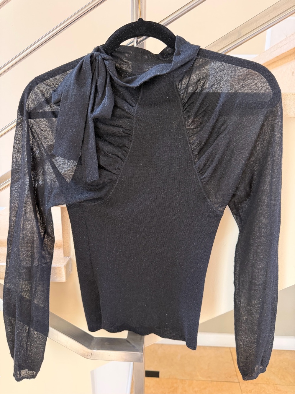 Vintage Gucci Black Sheer Tie-Neck Long Sleeve Top